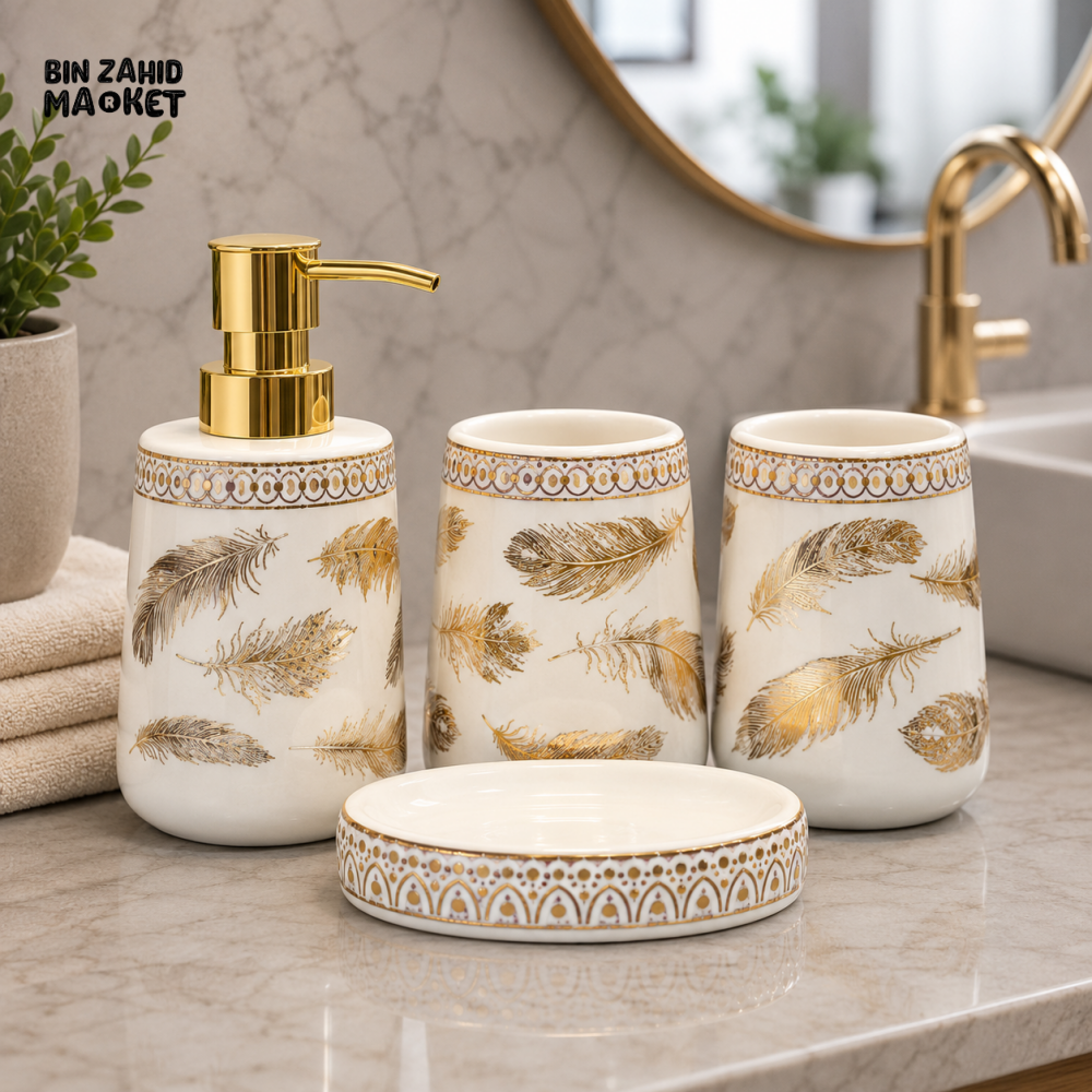 BRILLIANT FEATHER PRINT CERAMIC BATHROOM ACCESSORY SET (4 PCS)