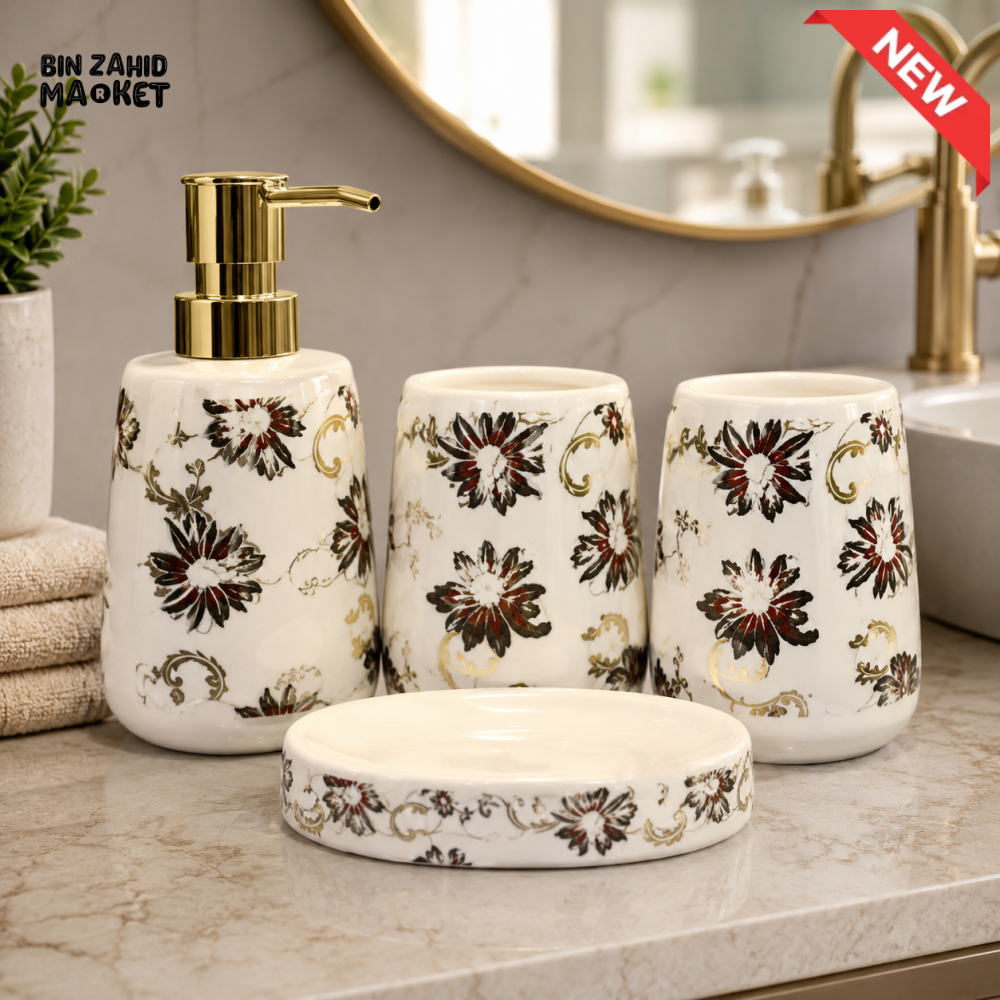 BRILLIANT FLORAL CERAMIC BATHROOM ACCESSORY SET (4 PCS)