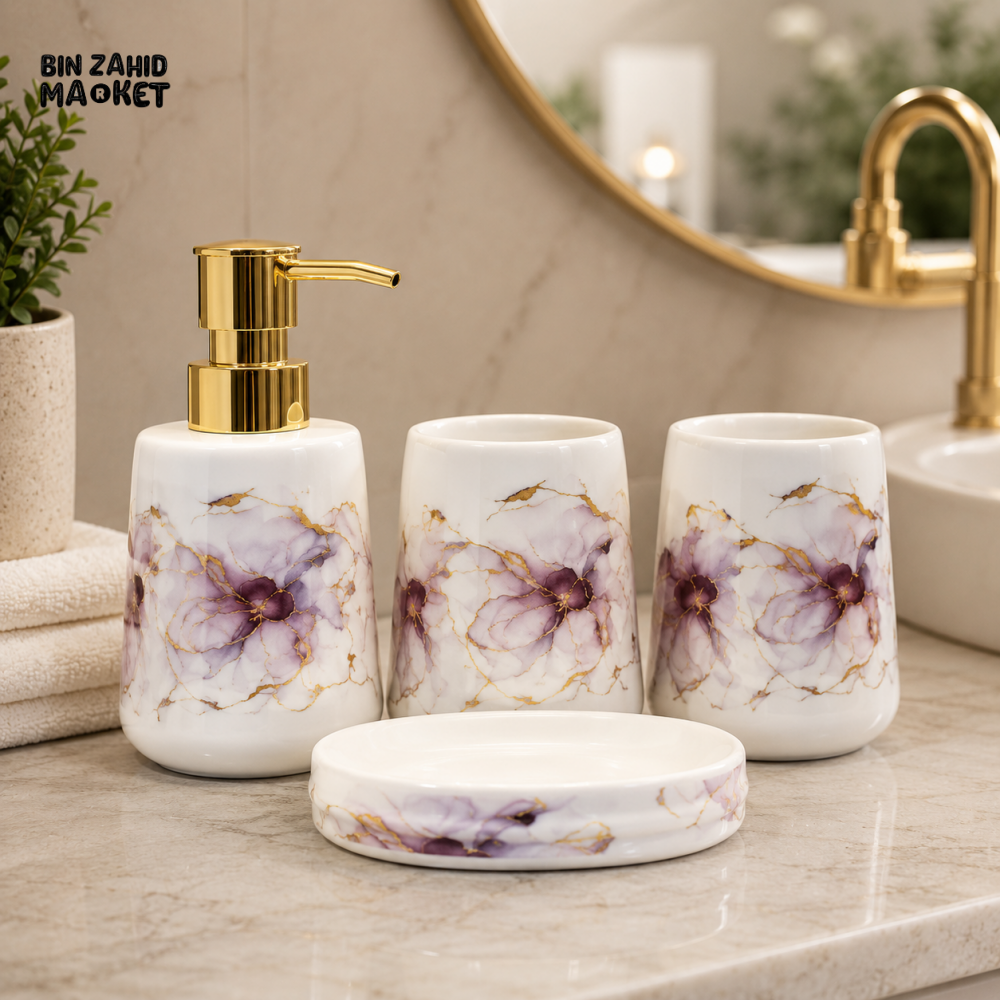 BRILLIANT FLORAL CERAMIC BATHROOM ACCESSORY SET (4 PCS)