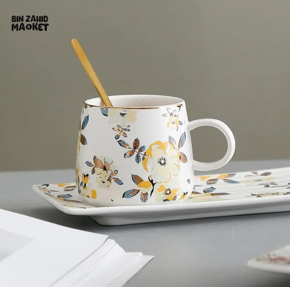 BRILLIANT FLORAL CERAMIC COFFEE MUG WITH TRAY & GOLD SPOON