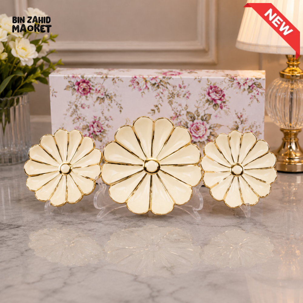 BRILLIANT GOLD FLOWER DECORATIVE PLATE SET (3 PCS)