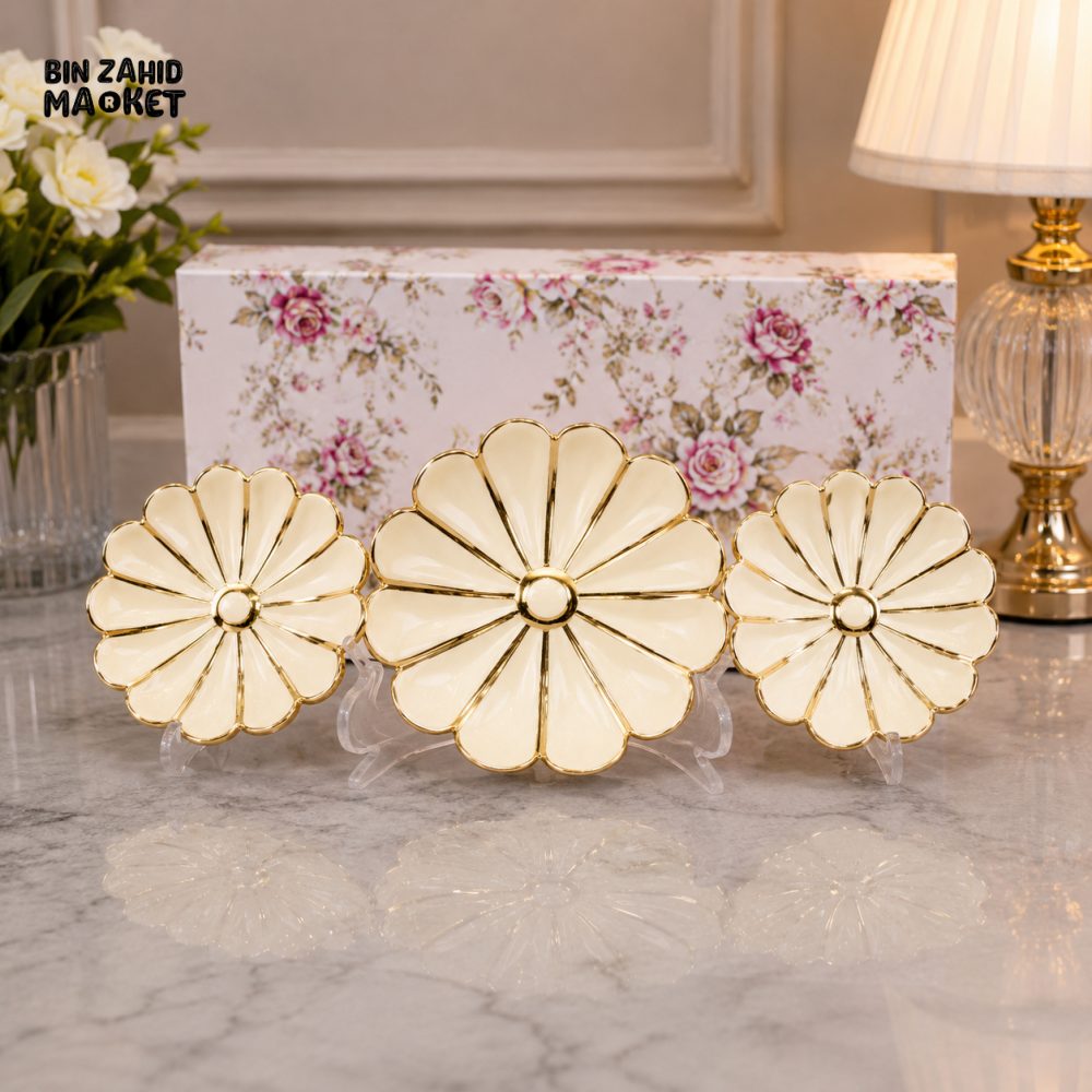 BRILLIANT GOLD FLOWER DECORATIVE PLATE SET (3 PCS)