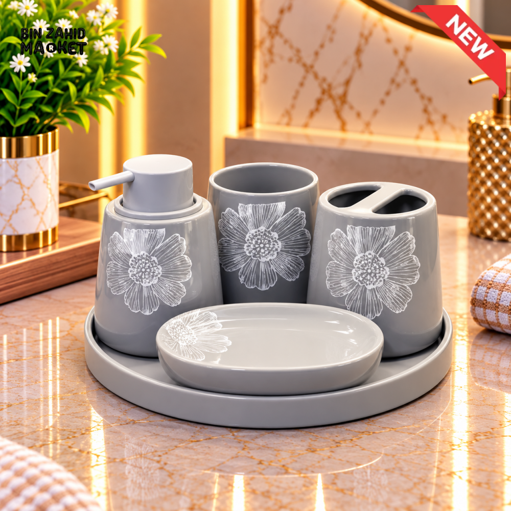 BRILLIANT GREY FLORAL 5 PIECE BATHROOM ACCESSORY SET - Bathroom Accessory Sets
