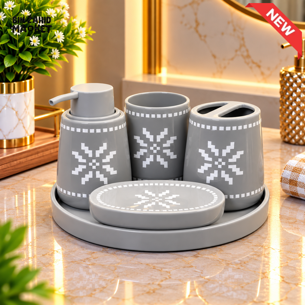 BRILLIANT GREY & WHITE GEOMETRIC 5 PIECE BATHROOM ACCESSORY SET - Bathroom Accessory Sets