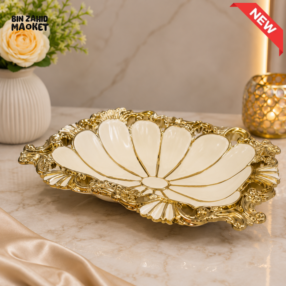 BRILLIANT LUXURY CERAMIC DECORATIVE FRUIT & SERVING BOWL 10.25 INCH – GOLDEN FLORAL DESIGN