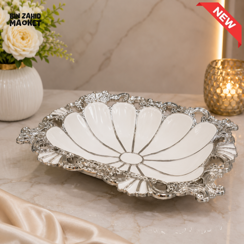 BRILLIANT LUXURY CERAMIC DECORATIVE FRUIT & SERVING BOWL 10.25 INCH – SILVER FLORAL DESIGN