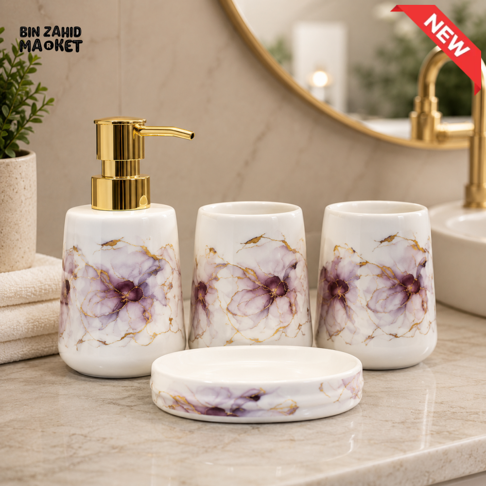 BRILLIANT MARBLE FLORAL CERAMIC BATHROOM ACCESSORY SET (4 PCS)