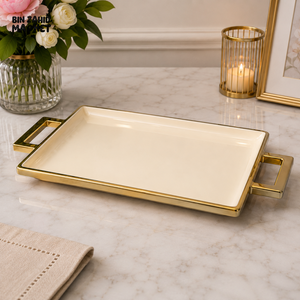 BRILLIANT RECTANGULAR CERAMIC SERVING TRAY 11 INCH WITH 2 HANDLES - WHITE & GOLDEN
