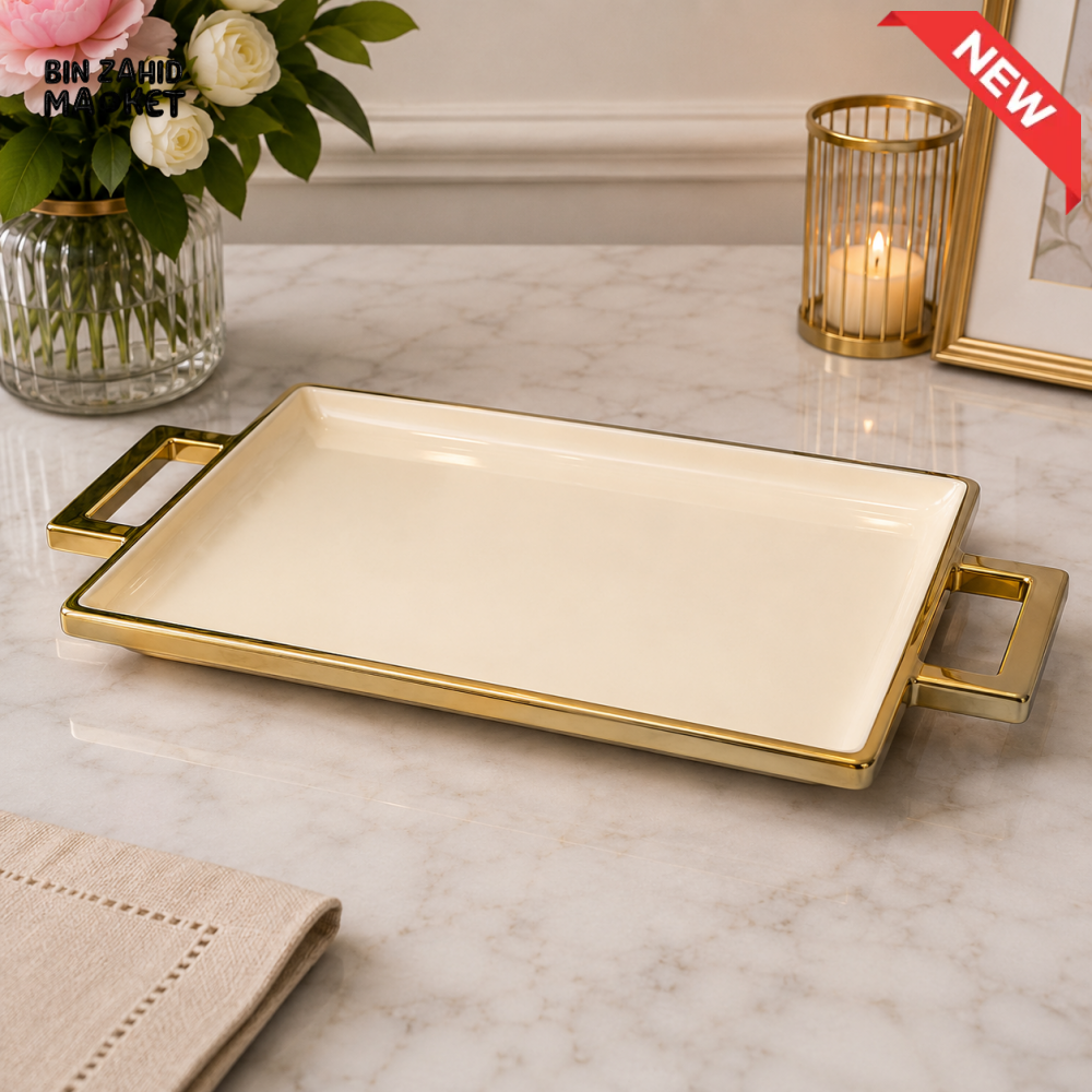 BRILLIANT RECTANGULAR CERAMIC SERVING TRAY 11 INCH WITH 2 HANDLES - WHITE & GOLDEN