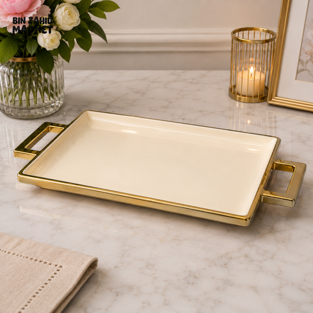 BRILLIANT RECTANGULAR CERAMIC SERVING TRAY 11 INCH WITH 2 HANDLES - WHITE & GOLDEN