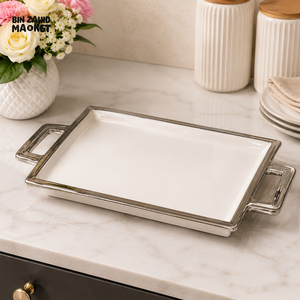 BRILLIANT RECTANGULAR CERAMIC SERVING TRAY 11 INCH WITH 2 HANDLES - WHITE & SILVER