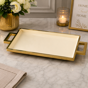 BRILLIANT RECTANGULAR CERAMIC SERVING TRAY 18 INCH - WHITE & GOLDEN