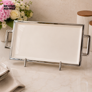 BRILLIANT RECTANGULAR CERAMIC SERVING TRAY 18 INCH - WHITE & SILVER