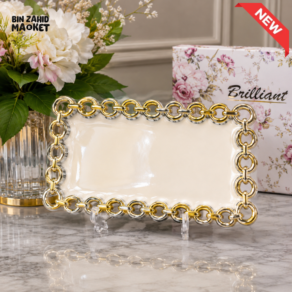 BRILLIANT RECTANGULAR GOLD CHAIN DECORATIVE SERVING TRAY 11 INCH
