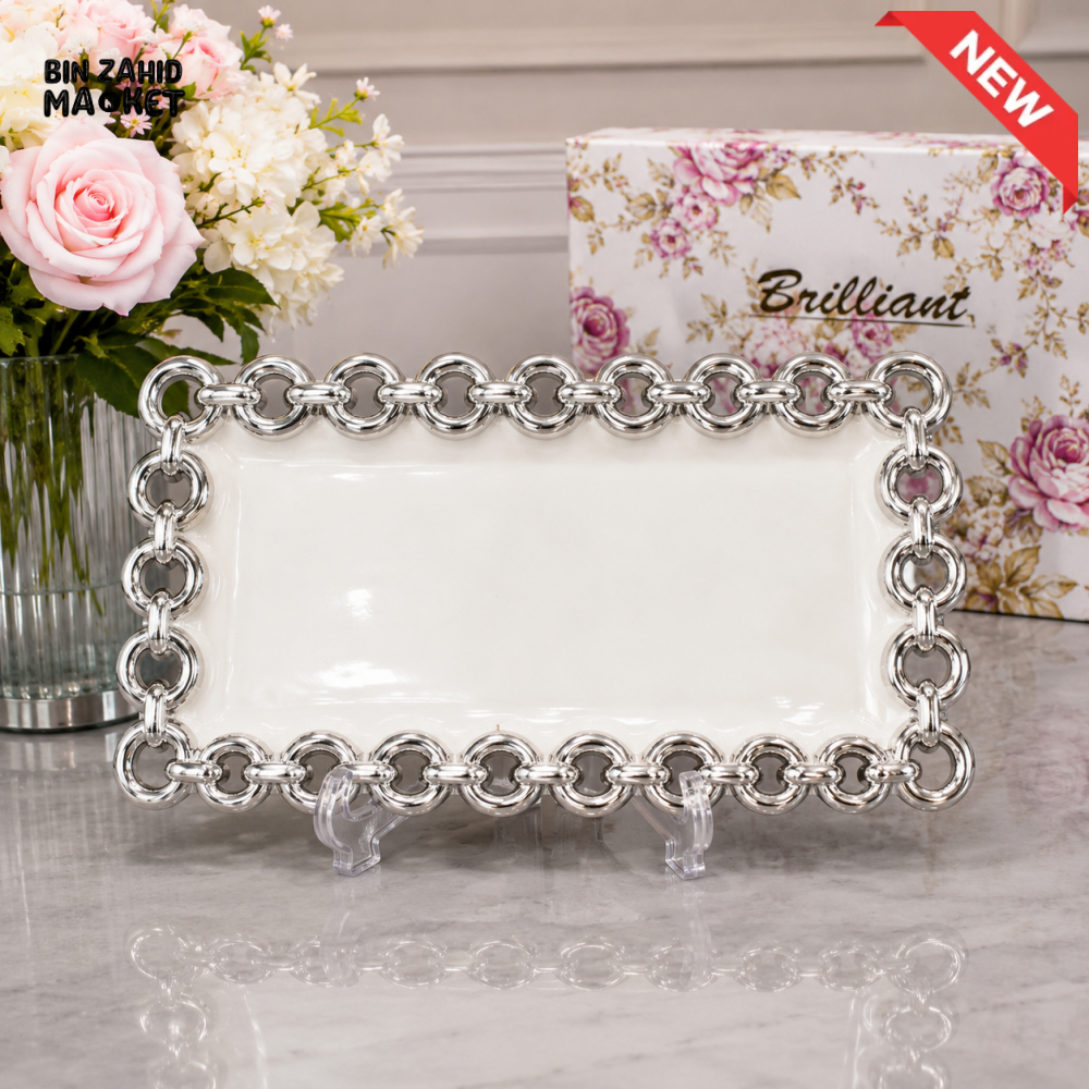 BRILLIANT RECTANGULAR SILVER CHAIN DECORATIVE SERVING TRAY 11 INCH