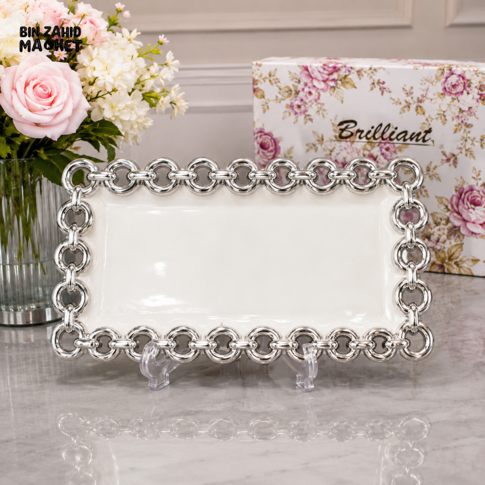 BRILLIANT RECTANGULAR SILVER CHAIN DECORATIVE SERVING TRAY 11 INCH