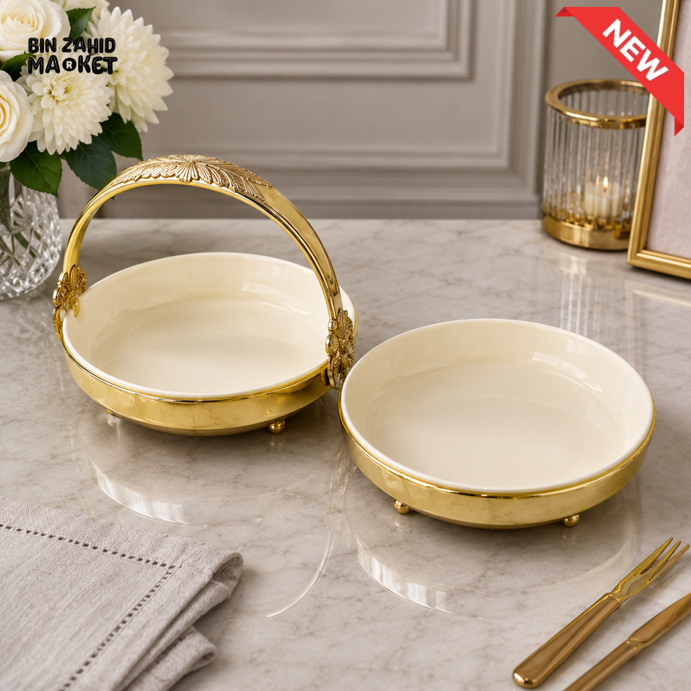BRILLIANT ROUND CERAMIC SERVING BOWL SET 10.5 INCH WITH METAL STAND / GOLDEN - 2 PCS