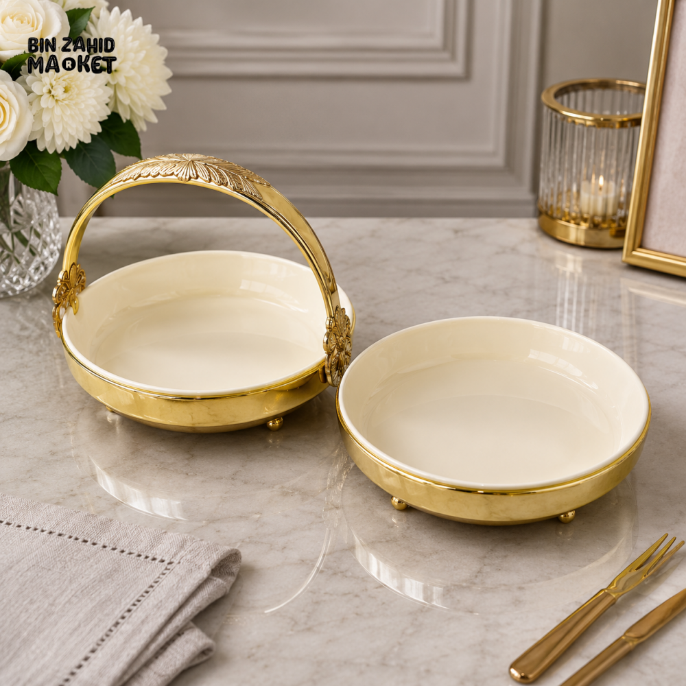 BRILLIANT ROUND CERAMIC SERVING BOWL SET 10.5 INCH WITH METAL STAND / GOLDEN - 2 PCS
