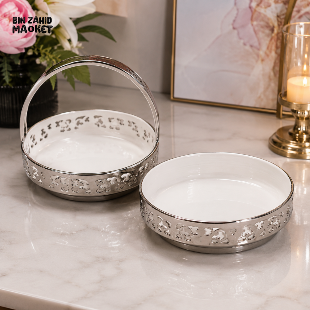 BRILLIANT ROUND CERAMIC SERVING BOWL SET 10.5 INCH WITH METAL STAND / SILVER - 2 PCS