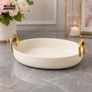 BRILLIANT ROUND CERAMIC SERVING TRAY 10.25 INCH OVAL BOWL - WITH GOLD HANDLES
