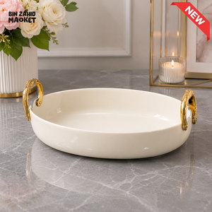 BRILLIANT ROUND CERAMIC SERVING TRAY 10.25 INCH OVAL BOWL - WITH GOLD HANDLES