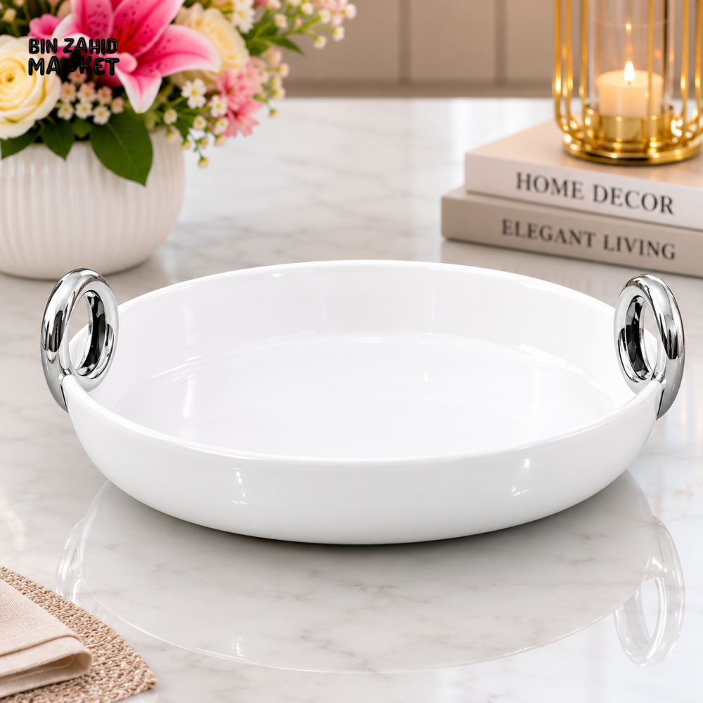 BRILLIANT ROUND CERAMIC SERVING TRAY 10.25 INCH OVAL BOWL - WITH SILVER HANDLES