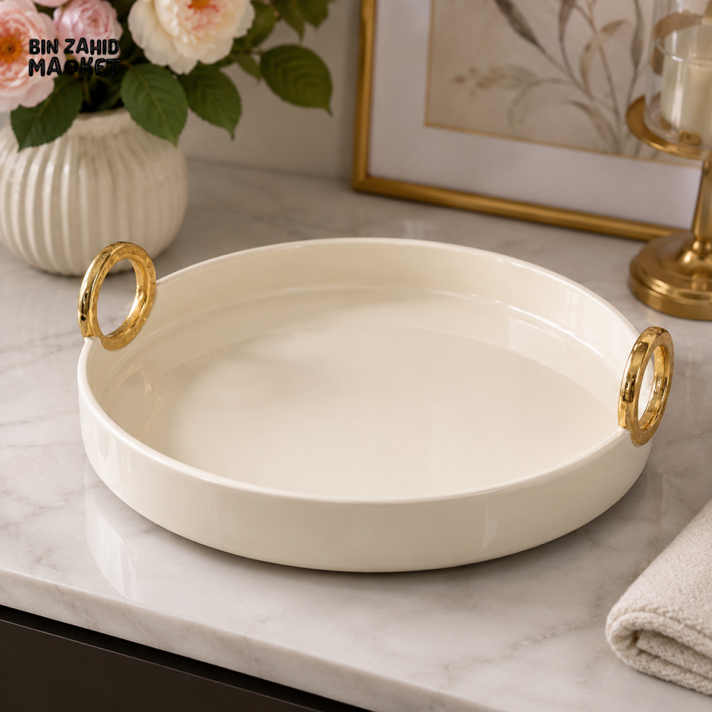 BRILLIANT ROUND CERAMIC SERVING TRAY 12.5 INCH / WITH CREAM COLOUR & GOLD HANDLES - OVAL SHAPE