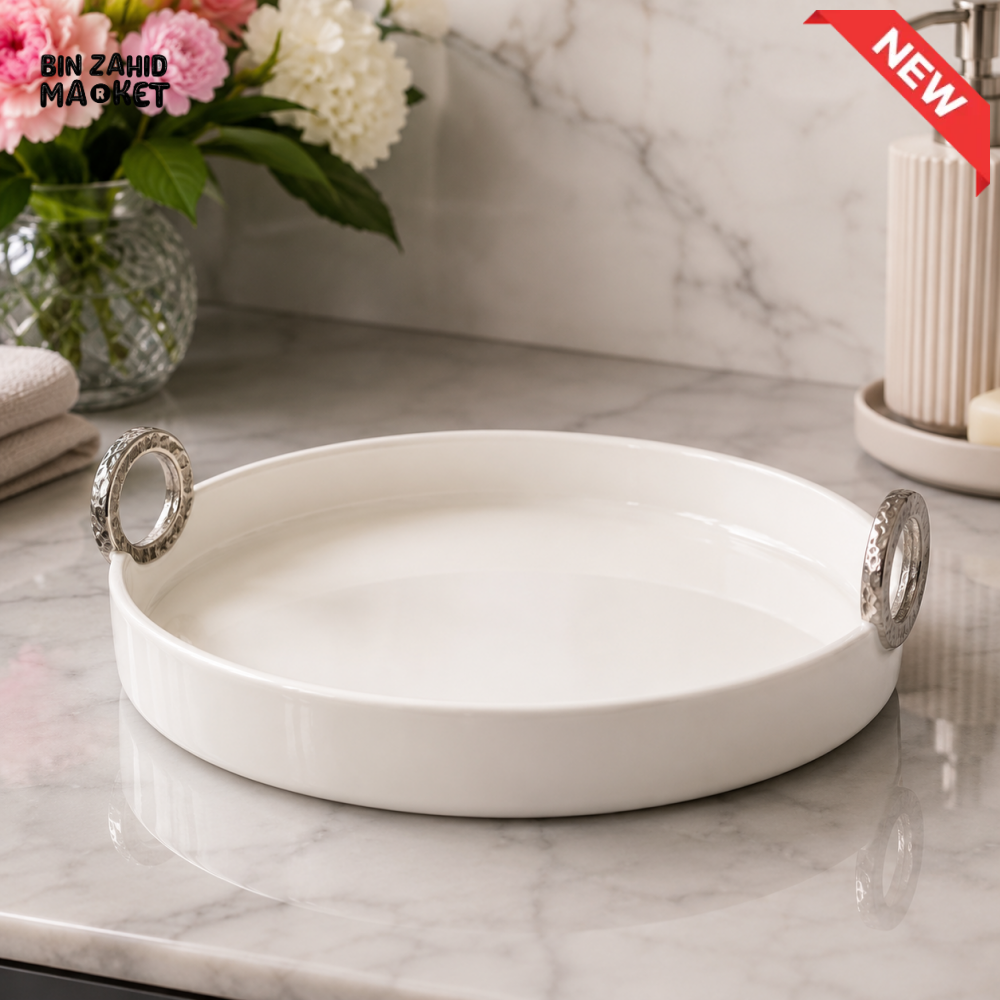 BRILLIANT ROUND CERAMIC SERVING TRAY 12.5 INCH / WITH GOLD HANDLES - OVAL SHAPE