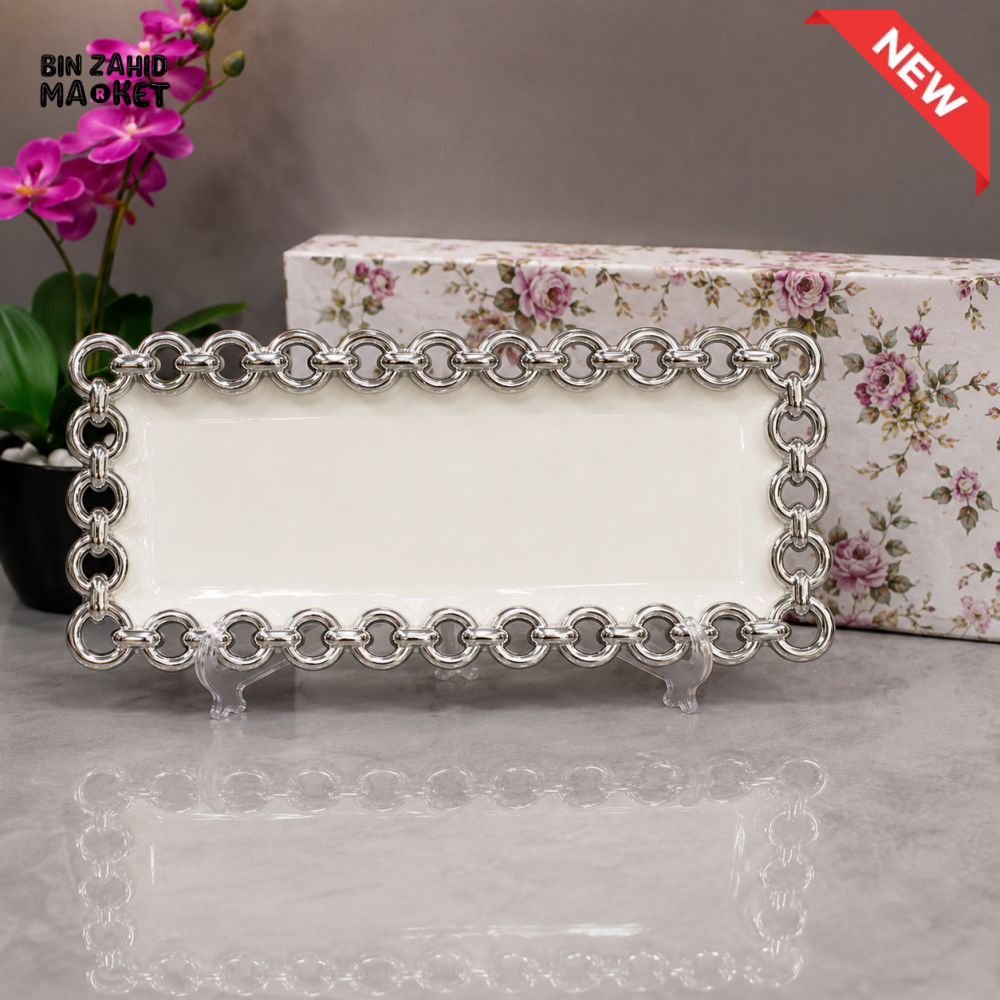 BRILLIANT SILVER RECTANGULAR CHAIN DECORATIVE SERVING TRAY 15 INCH