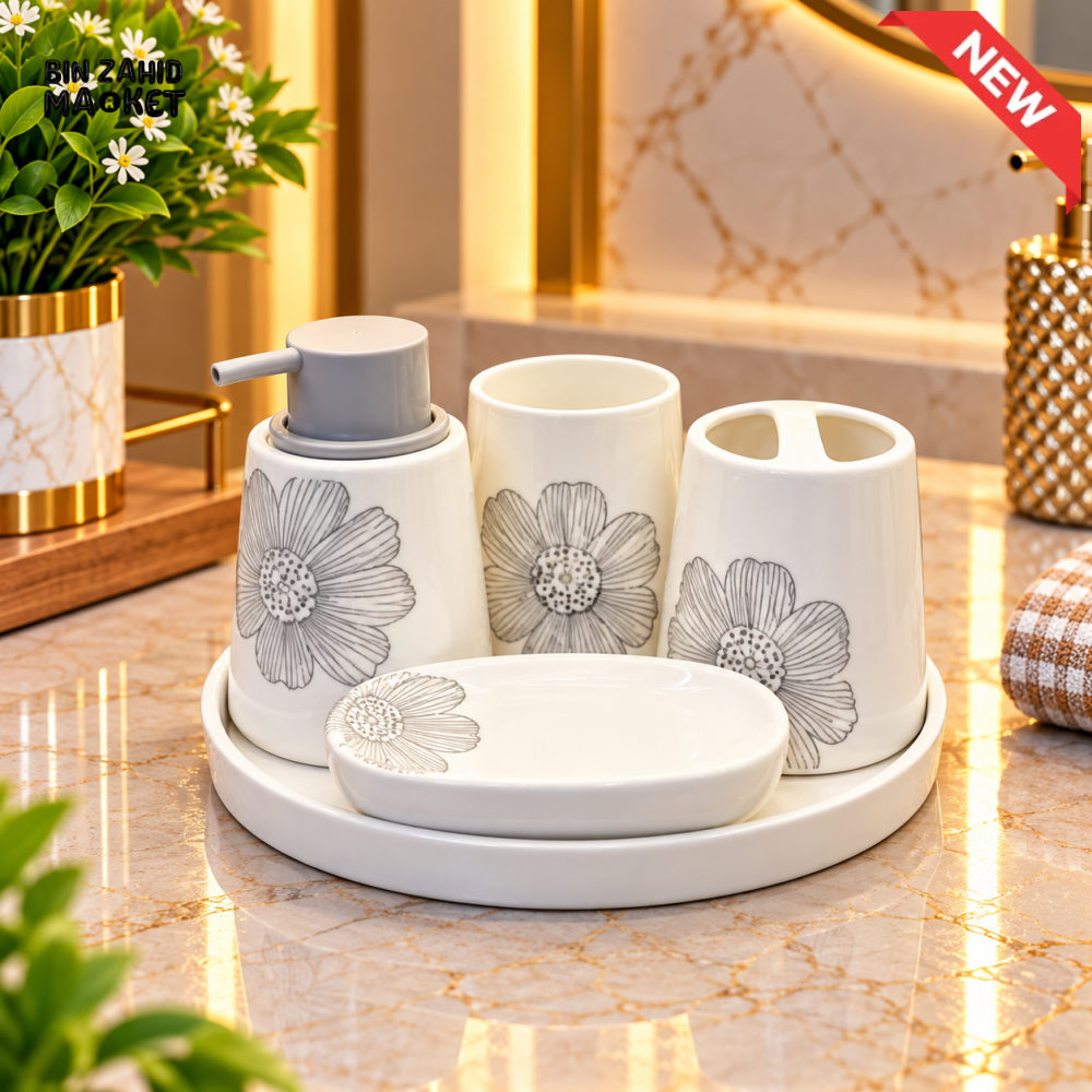 BRILLIANT WHITE FLORAL 5 PIECE BATHROOM ACCESSORY SET - Bathroom Accessory Sets