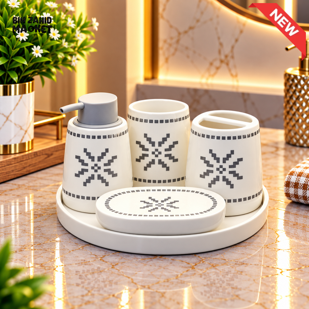 BRILLIANT WHITE GEOMETRIC DESIGN 5 PIECE BATHROOM ACCESSORY SET - Bathroom Accessory Sets