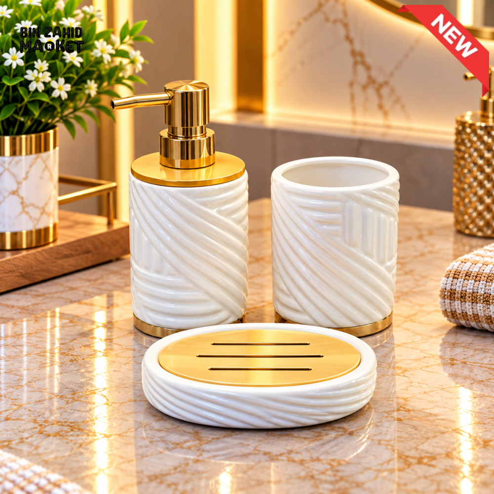 BRILLIANT WHITE & GOLD 3 PIECE BATHROOM ACCESSORY SET - Bathroom Accessory Sets