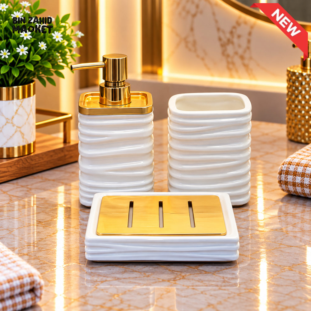 BRILLIANT WHITE & GOLD 3 PIECE BATHROOM ACCESSORY SET - Bathroom Accessory Sets