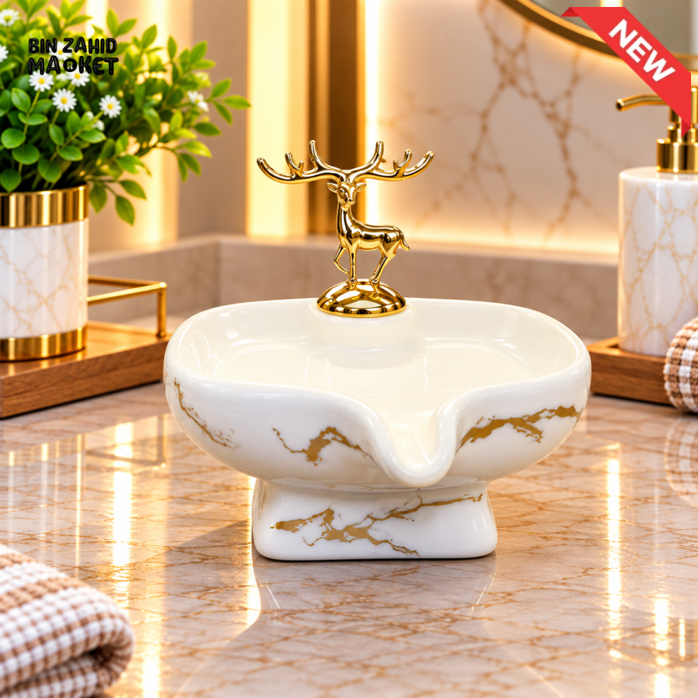 BRILLIANT WHITE & GOLD DEER DESIGN PEDESTAL SOAP DISH HOLDER - Soap Dishes
