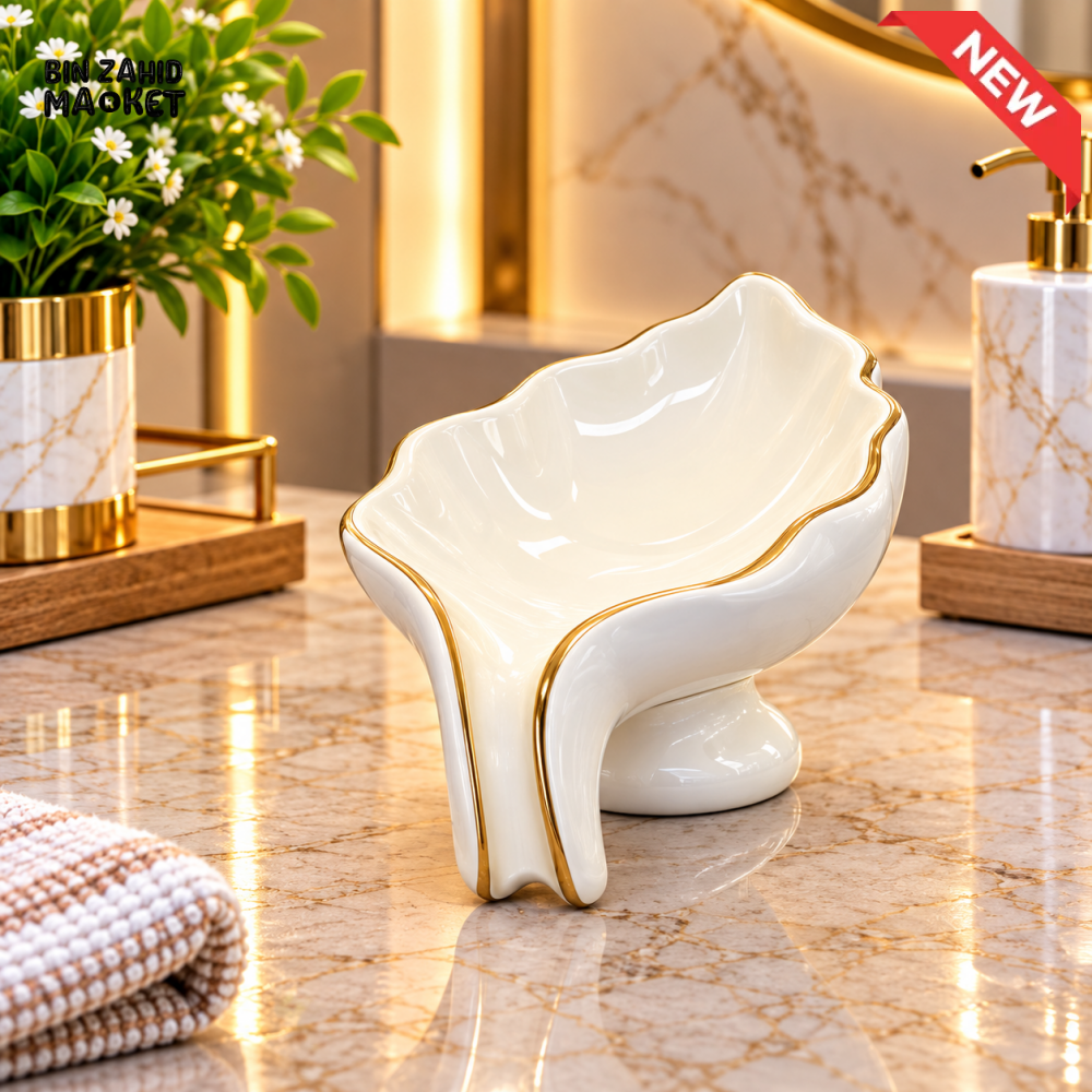 BRILLIANT WHITE & GOLD SCULPTURAL PEDESTAL SOAP DISH HOLDER - Soap Dishes