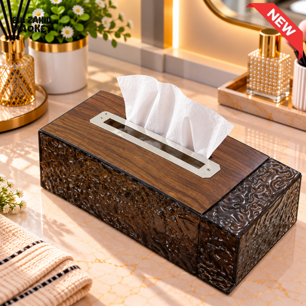 BROWN TEXTURED TISSUE BOX WITH WOOD LOOK TOP - Tissue Boxes