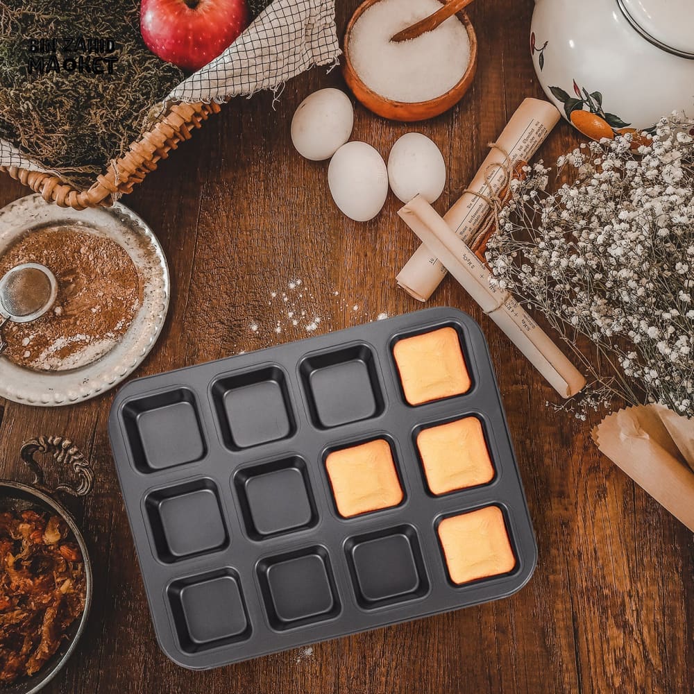 BROWNIE CAKE PAN – 12 CAVITY LOAF PAN NON-STICK CARBON STEEL SQUARE MUFFIN PAN BLONDIE BAKEWARE BAKING TOOLS KITCHEN GADGETS - 12 GRID