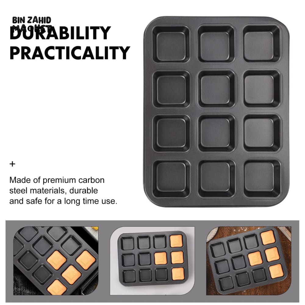 BROWNIE CAKE PAN – 12 CAVITY LOAF PAN NON-STICK CARBON STEEL SQUARE MUFFIN PAN BLONDIE BAKEWARE BAKING TOOLS KITCHEN GADGETS - 12 GRID