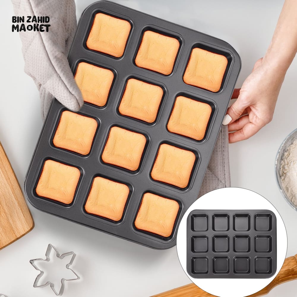 BROWNIE CAKE PAN – 12 CAVITY LOAF PAN NON-STICK CARBON STEEL SQUARE MUFFIN PAN BLONDIE BAKEWARE BAKING TOOLS KITCHEN GADGETS - 12 GRID