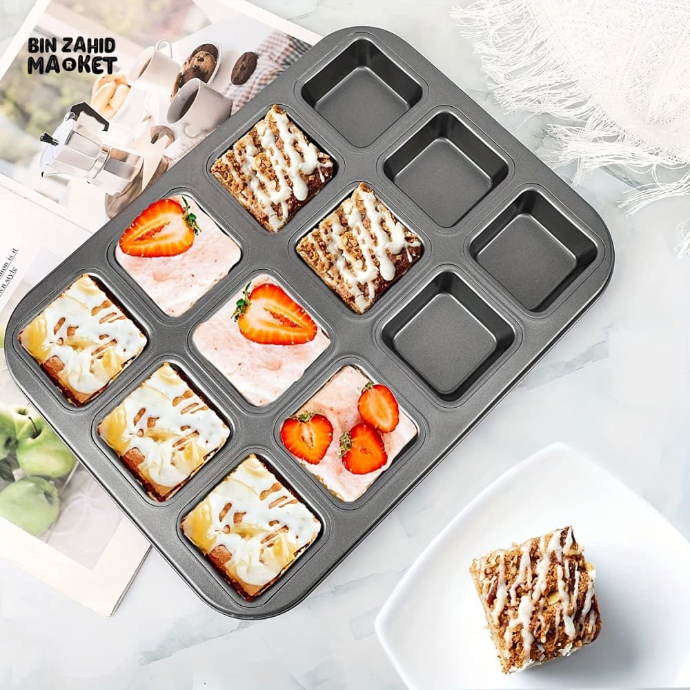 BROWNIE CAKE PAN – 12 CAVITY LOAF PAN NON-STICK CARBON STEEL SQUARE MUFFIN PAN BLONDIE BAKEWARE BAKING TOOLS KITCHEN GADGETS - 12 GRID