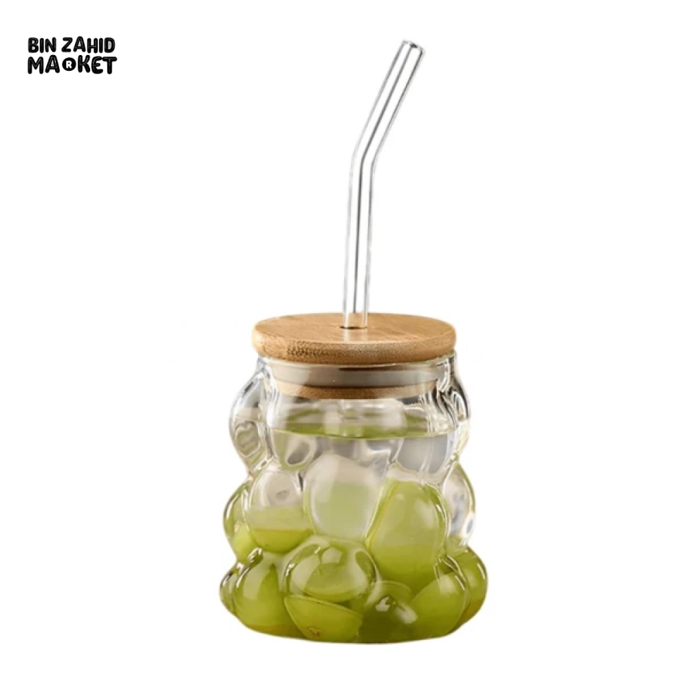 Bubble Glass Cup with Bamboo Lid & Straw