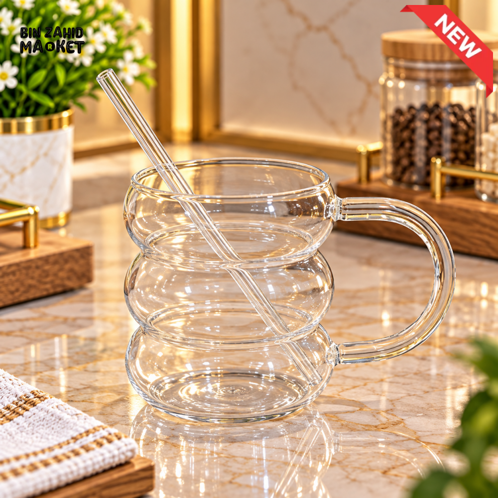 BUBBLE SHAPED GLASS MUG WITH HANDLE AND STRAW