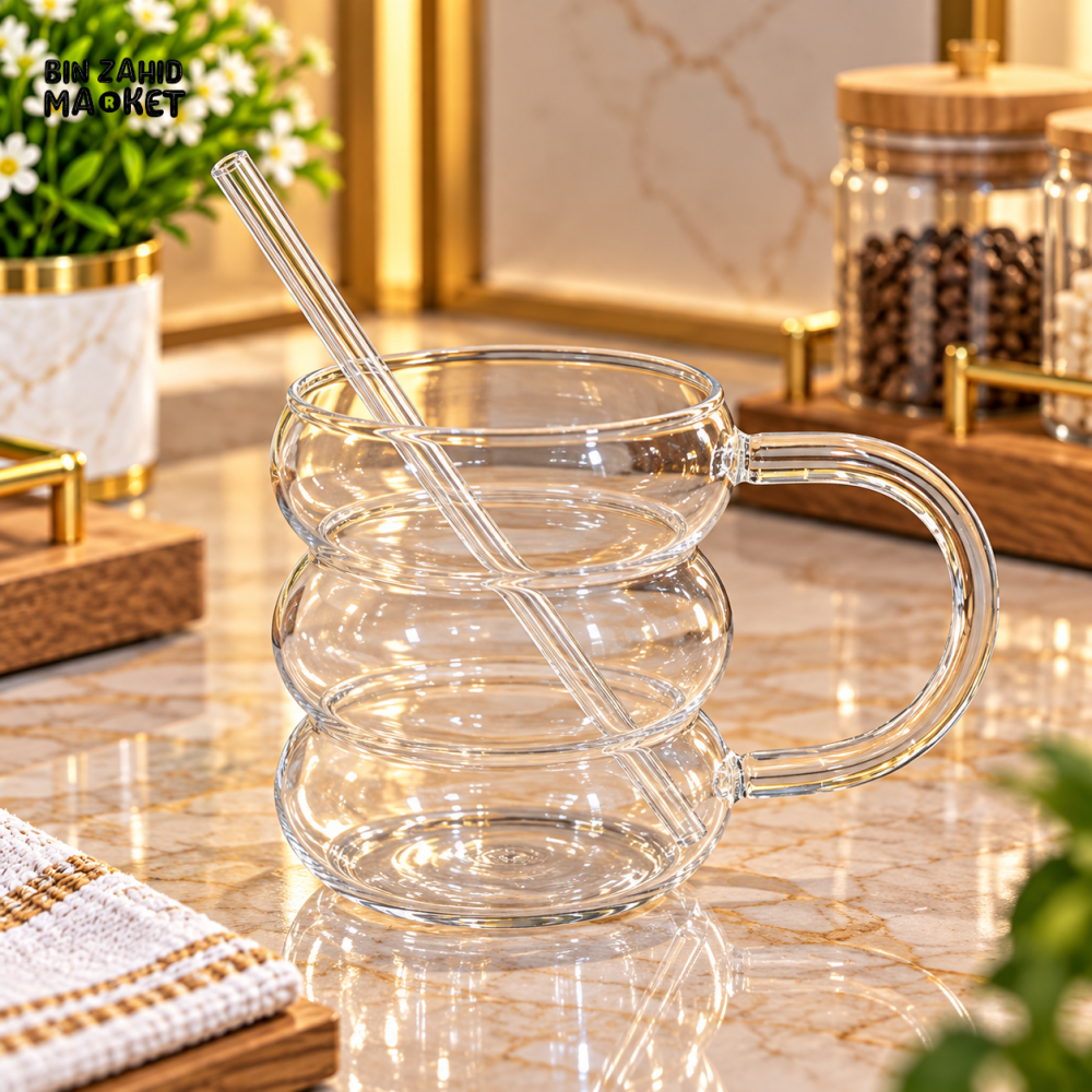 BUBBLE SHAPED GLASS MUG WITH HANDLE AND STRAW