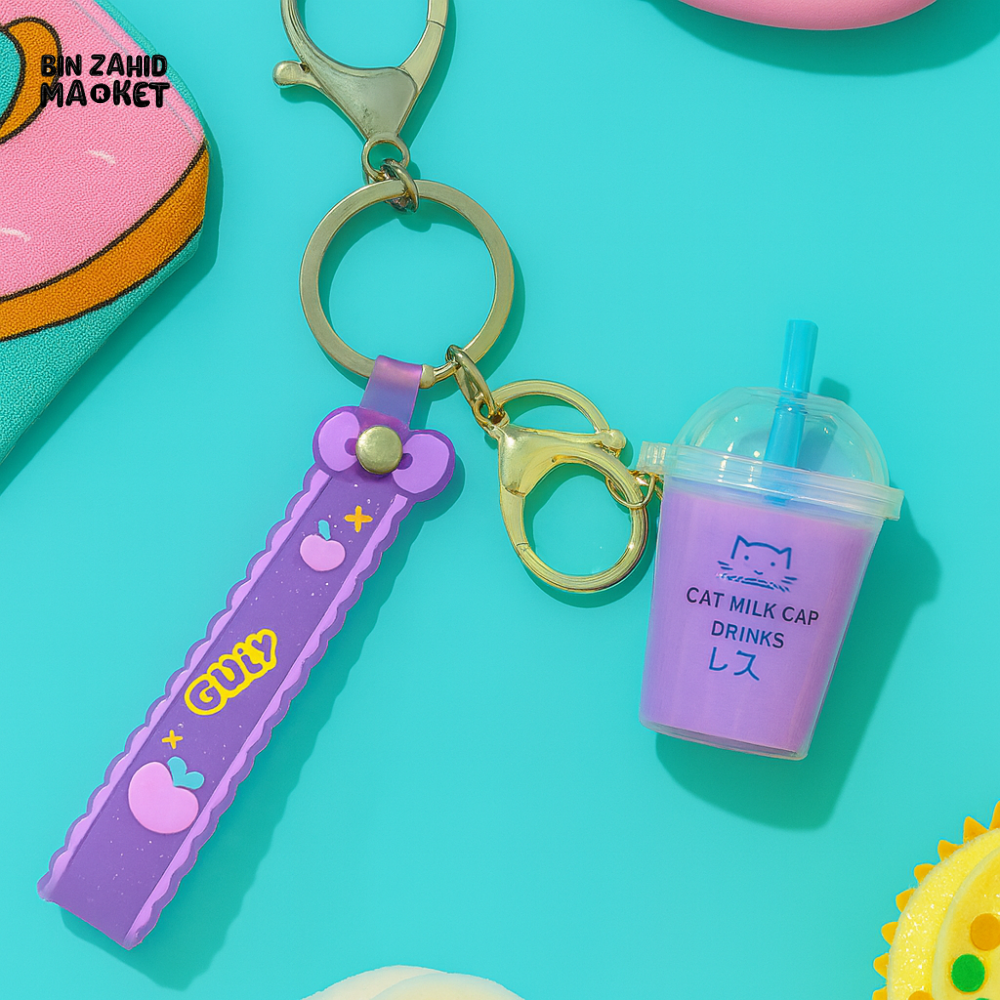 BUBBLE TEA BEAR KEYCHAIN WITH FLOATING OIL – CUTE BACKPACK PENDANT - Key Holders