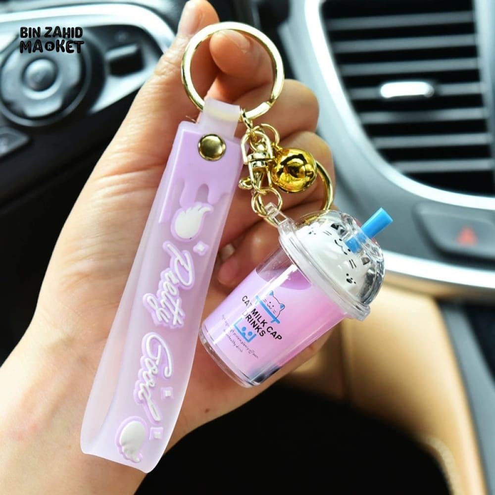 BUBBLE TEA BEAR KEYCHAIN WITH FLOATING OIL – CUTE BACKPACK PENDANT - Key Holders