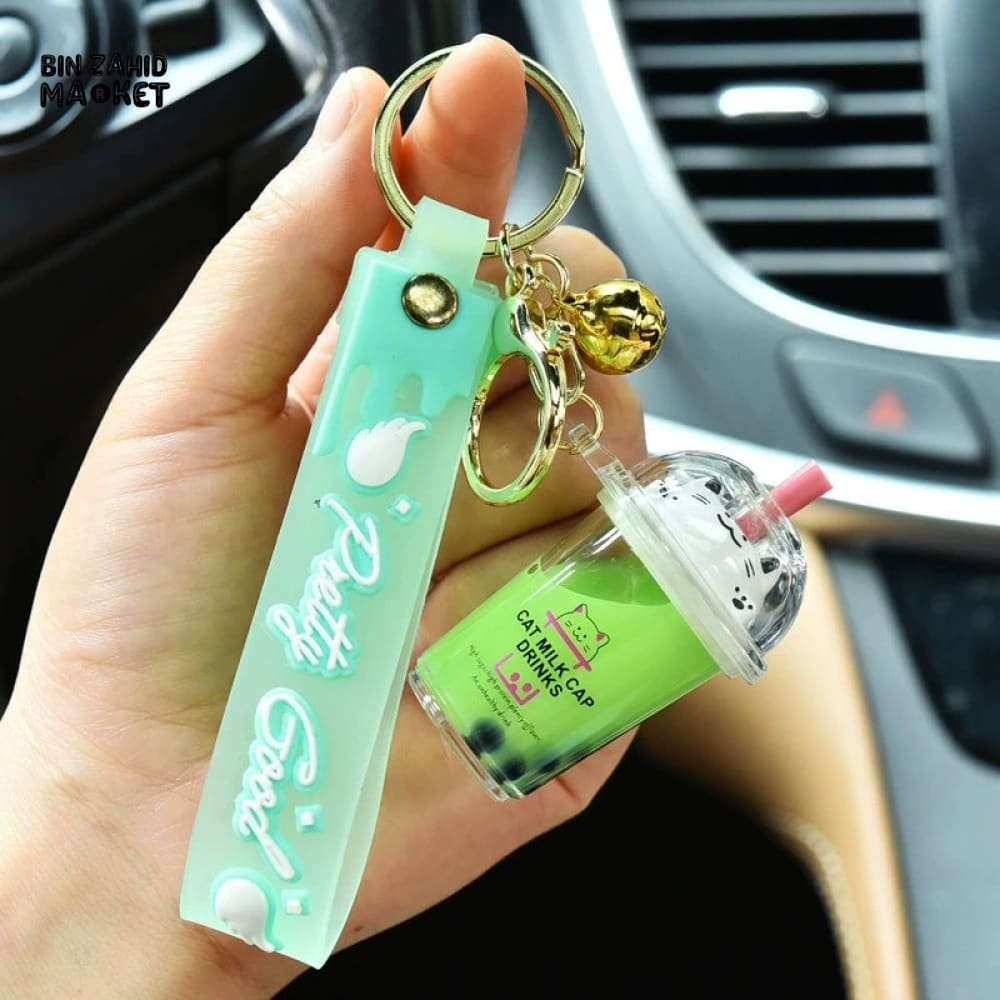 BUBBLE TEA BEAR KEYCHAIN WITH FLOATING OIL – CUTE BACKPACK PENDANT - Key Holders