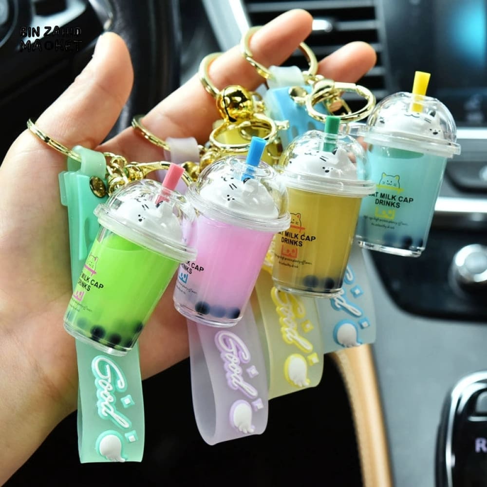BUBBLE TEA BEAR KEYCHAIN WITH FLOATING OIL – CUTE BACKPACK PENDANT - Key Holders