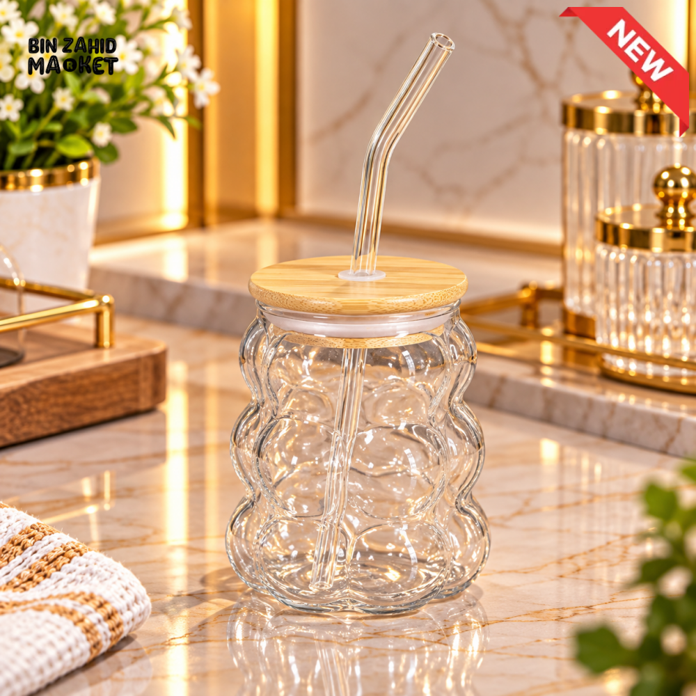 BUBBLE TEXTURED GLASS TUMBLER WITH BAMBOO LID AND STRAW - Tumblers