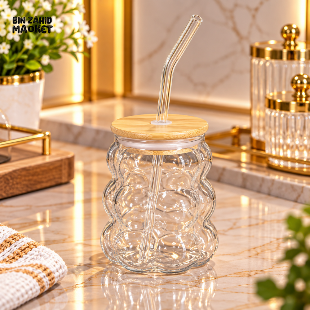 BUBBLE TEXTURED GLASS TUMBLER WITH BAMBOO LID AND STRAW - Tumblers