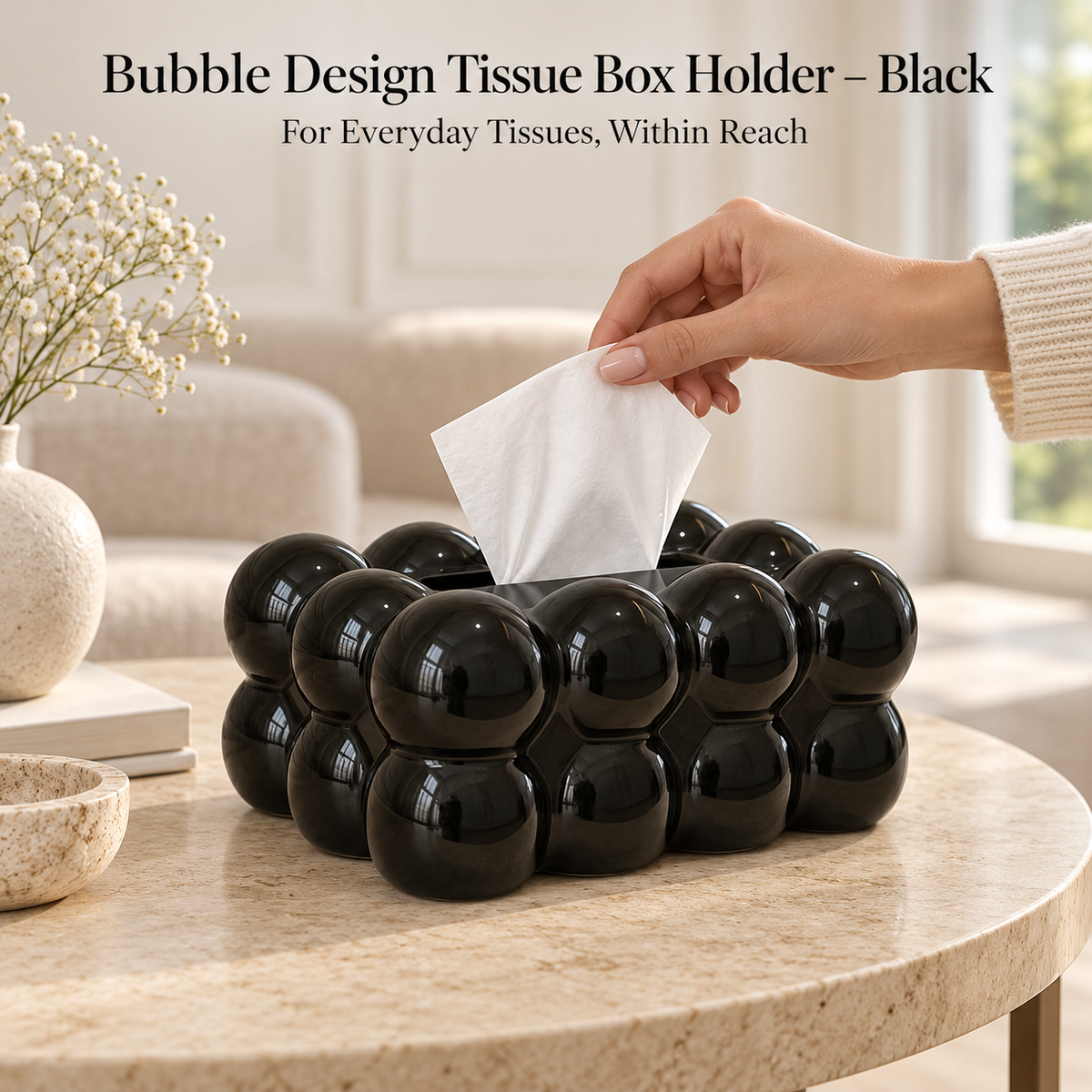 Bubble Design Tissue Box Holder – black – Product use demonstration
